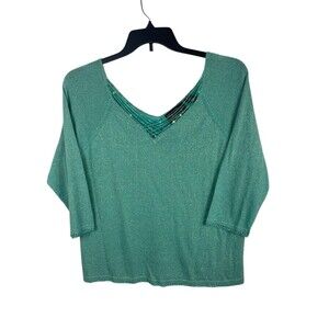 VTG Y2K Shimmery Aqua Green Beaded Detail Vneck 3/4 Sleeve Fairy Top 1x
